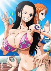 2girls arm_tattoo bare_shoulders big_breasts bikini bikini_bottom bikini_top black-haired_female black_hair blue_eyes breasts female_only hand_on_hip large_breasts light-skinned_female light_skin long_hair looking_at_viewer nami_(one_piece) nico_robin one_piece orange-haired_female orange_hair yamamoto_doujin