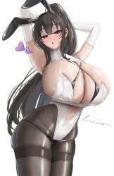 1girls :o anti_kumo_(maeken_1021) armpits artist_name artist_signature black_eyes black_hair blush breasts bunnysuit cleavage elbow_gloves gloves heart highres huge_breasts large_breasts leotard long_hair navel one_arm_up original panties panties_over_pantyhose pantyhose playboy_bunny rabbit_ears solo white_background white_gloves white_leotard