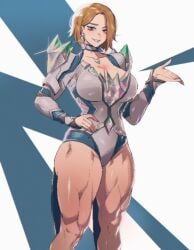1girls absurd_res blonde_hair blue_eyes blue_lipstick blue_nails breasts chest_jewel choker cleavage cleavage_cutout diamond_(gem) emma_frost emma_frost_(marvel_rivals) hand_on_hip highres huge_breasts large_breasts leotard lipstick looking_at_viewer marvel marvel_rivals multicolored_background muscular muscular_female muscular_thighs quads short_hair simple_background spoiledmuffin thick_thighs thighs white_background white_choker x-men