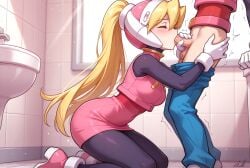 ai_generated bathroom blonde_hair blowjob blue_eyes ciel ciel_(mega_man) cute cute_girl female girl kneeling medium_breasts mega_man_x_dive mega_man_zero pink_skirt pink_vest sexy sexy_pose skirt vest