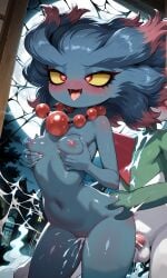 1girls ai_generated anthrofied bluish_green_hair boobs_out breast breast_jiggle breast_milk_squirt breast_press breast_squeeze cum dark_blue_hair dark_green_hair doggy_style female gallade ghost_girl haunted_house heart_eyes holding_ass holding_breast misdreavus moon moonlight multicolored_hair necklace night nintendo nipples petite petite_body petite_female pink_hair pokemon pokemon_(species) red_eyes red_necklace small_breasts spiderweb standing_doggy_style standing_sex tongue_out yellow_sclera