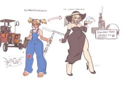 1girl barefoot black_heels dieselpunk evolution farmer farmgirl female heel_turn kurosaki_(artist) orginal_character overalls pawg rich_female split_dress wine_glass