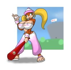 anthro ape areola areola_slip ball baseball_bat beanie big_breasts blonde_hair blue_eyes bracelets breasts donkey_kong_(series) ear_piercing erect_nipples female flip-flops flip_flops hair hat holding_ball hoop_earrings huge_breasts lordstevie mammal monkey nintendo nipples primate sandals solo stadium tied_hair tiny_kong tongue tongue_out twintails video_games whale_tail