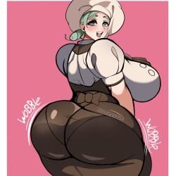 1girls ass big_ass big_breasts bottom_heavy breasts bubble_butt busty clothing fat_ass female female_only gluteal_fold green_eyes green_hair hat huge_ass huge_breasts hyperrxgue katy_(pokemon) large_ass large_breasts looking_at_viewer looking_back massive_ass pantylines pokemon solo thick_ass thick_thighs thunder_thighs wide_hips