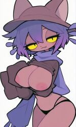 1girls :3 ai ai-created ai_generated animal_nose black_panties black_thong brown_fur brown_hat brown_shirt brown_skin cat_ears ears_through_headwear hand_over_own_breast hands_over_breasts hat large_breasts niko_(oneshot) oerba_yun_fang oneshot purple_hair purple_scarf scarf shittyaistuff short_hair simple_background single_fang sleeves_past_fingers sleeves_past_wrists slit_pupils solo solo_female solo_focus thong whiskers white_background yellow_sclera