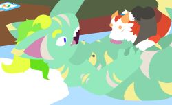 2_penises 4_fingers a_slime_psycho anthro aquatic bed blue_bed blue_eyes blue_hairband brown_floor cheek_tuft closed_eyes diphallism dipstick_ears dipstick_tail dragon duo ear_markings eyebrows facial_tuft fin fingers fish flat_colors fur furniture furred_dragon furred_scalie genitals green_body green_eyebrows green_hair green_wall grey_nipples grey_penis hair hi_res horizontal_diphallism horn keylo_ryan_(a_slime_psycho) licking lineless lying male male/male markings messy_hair multi_genitalia multi_penis multicolored_ears mythological_creature mythological_scalie mythology navel_fetish navel_lick nightstand nipples on_back on_front open_mouth orange_eyebrows orange_horn penis pillow pink_inner_ear pink_tongue ponytail red_body red_fur scalie shark sharp_teeth soap_(a_slime_psycho) startled stripes tablet tail tail_fin tail_markings teeth tongue tuft white_body white_fur white_hair white_pillow white_stripes yellow_ear_tips yellow_stripes yellow_tail_tip
