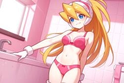 ai_generated bathroom blonde_hair blue_eyes bra ciel ciel_(mega_man) cute cute_girl female girl lingerie medium_breasts mega_man_x_dive mega_man_zero open_clothes panties pink_bra pink_skirt pink_vest sex sexy sexy_pose skirt undressing vest