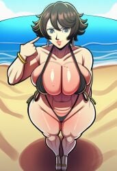 ai_assisted beauty_mark big_breasts bikini brown_hair female female_focus female_only large_breasts oc original_character seasonedcum simple_background swimsuit swimwear thick_thighs