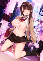 :d bag black_legwear black_skirt blush bow bowtie braid breasts brown_hair cardigan cum cum_on_body cum_on_breasts cum_on_stomach cum_on_upper_body dress_shirt dutch_angle female fuji-yama highres id_card indoors kneeling large_breasts loafers long_hair long_sleeves looking_at_viewer name_tag navel nipples no_bra open_clothes open_mouth open_shirt original outdoors red_eyes school_bag school_briefcase school_uniform shirt shoes side_braid skirt smile solo tied_hair white_shirt