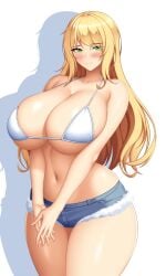 blonde_hair blush commission curvy embarrassed green_hair hands_together huge_breasts long_hair short_shorts thick_thighs white_bikini wide_hips worried