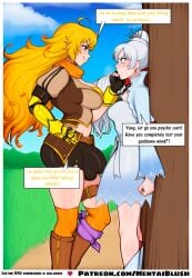 2girls ai_generated angry angry_face argument big_breasts blonde_hair blue_eyes blush breasts brown_hair choking commission dialogue domination earrings english_text facing_another female femdom femsub futa_on_female futanari gloves hand_on_hip hand_on_throat hentblush huge_breasts insult large_breasts long_hair looking_at_another muscular muscular_female nsfw ponytail purple_eyes rwby speech_bubble standing thick_thighs thigh_boots thighhighs tree trunk weiss_schnee wide_hips yang_xiao_long yelling yellow_hair