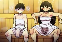ai_generated buldge embarrassed incest mari_(omori) novelai omori sauna sunny_(omori) tagme towel_only trembling wet_pussy