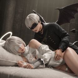 1boy 1girls 2b_(nier:automata) 9s_(nier:automata) ai_generated angel angel_halo black_blindfold blindfold bob_cut breasts choker cyw5448 demon demon_tail demon_wings female hands_on_hips hands_on_waist leotard light-skinned_female light-skinned_male light_skin male nier:_automata pillow puffy_sleeves shiny_skin short_hair thighs white_blindfold white_hair white_leotard wings yorha_2b yorha_9s