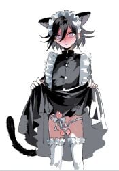 1boy animal_ears apron beluckylucky black_dress black_hair blush buttons cat_boy cat_ears cat_tail clothes_lift commentary_request crossdressing crossdressing_(mtf) danganronpa_(series) danganronpa_v3:_killing_harmony dress dress_lift embarrassed enmaided erection flipped_hair frilled_apron frills full-face_blush hair_between_eyes highres looking_at_viewer maid male_focus male_maid no_male_underwear no_panties oma_kokichi penis penis_ribbon precum presenting purple_eyes ribbon short_hair simple_background solo standing sweat tail testicles thighhighs trap white_background white_thighhighs
