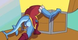 2026 anthro anus aquatic ass backsack balls blue_body boots clothed clothing coat fish footwear genitals hi_res male partially_clothed pink_anus shark shoes slade_(dungeons_of_aether) solo speence_(artist) tail teeth topwear treasure_chest underbelly
