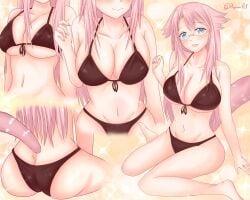 1girl 1girls absurdres arm_at_side arms_at_sides artist_name ass ass_focus ayannon_yumme bikini black_bikini blue_eyes blue_eyes_female blush boobs breasts butt_crack closed_mouth embarrassed female_focus full_body glasses hand_up head_out_of_frame head_tilt highres hourglass_figure large_breasts long_hair looking_at_viewer monkey_girl monkey_tail multiple_views murenase!_seton_gakuen navel open_mouth pink_hair pink_hair_female pink_tail pointy_chin sidelocks simple_background sitting smile swimsuit tail thick_thighs thighs tits urie_rimu wariza wide_hips yellow_background