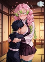 ai_assisted ai_generated big_breasts braid braided_hair breasts cleavage closed_mouth clothed clothed_female curvy curvy_body curvy_female demon_slayer face_between_breasts green_eyes green_hair heart hug kanroji_mitsuri kimetsu_no_yaiba large_breasts long_hair mitsuri_kanroji moonwool_branch pink_hair smile smiling thick_ass thick_thighs thighhighs thighs uncensored very_long_hair