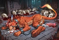 after_rape after_sex ai ai_generated alone blood bondage canine chains collar cum cum_in_ass cum_in_mouth cum_on_face cum_pool defeat dildo dim_room dungeon dying earring feather_in_hair feral final_fantasy final_fantasy_vii furry furry_only imminent_death indoors male malnourished mane mane_hair nanaki orange_fur pawpads protruding_ribs red_hair red_xiii scrawny scrawny_male sex_toy skeleton stone_floor stone_wall