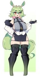 1girls big_breasts black_thighhighs clothing commission female female_only green_hair hand_on_hip hi_res hoove_boots horse_ears horse_girl j5daigada looking_at_viewer red_eyes sideboob smiling smiling_at_viewer solo tail thighhighs