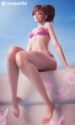 1girls 3d 3d_(artwork) barefoot bikini bikini_bottom bikini_top bottomwear breasts brown_eyes brown_hair d.va feet female female_only full_body hair legs lips overwatch pink_bikini pink_toenails ponytail rawgum sitting small_breasts smile solo solo_female swimwear thighs tied_hair toenail_polish toenails topwear