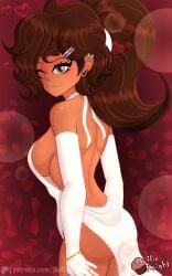 1girls artist_self-insert ass ass_focus athletic_body athletic_female back_view backless_dress bicep_gloves brown_hair detached_sleeves green_eyes heart large_ass large_breasts looking_at_viewer looking_over_shoulder mole mole_under_eye muffin_(muffinknight) muffinknight patreon patreon_username perky_ass ponytail red_background rose_petals sideboob simple_background tan_skin valentine's_day wedding_band wedding_dress wedding_ring white_dress wink winking winking_at_viewer