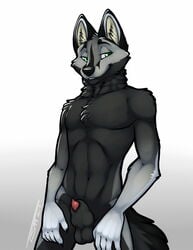 animal_genitalia balls black_fur canine clothing elsilentfox fox fur furry furry_only green_eyes grey_fox grey_fur male male_only mammal no_humans nude pinup pose sheath simple_background solo tsaiwolf twink underwear