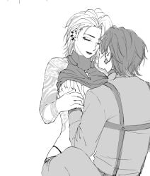 breasts chief_(path_to_nowhere) clothed clothed_sex clothes clothing dominant_male earring earrings female groping groping_breasts larger_male male male_chief_(path_to_nowhere) path_to_nowhere shirt shirt_lift short_hair short_hair_female shorter_female sitting sitting_on_lap sitting_on_person smaller_female submissive_female taller_male tattoo tattooed_arm tattooes yoi_no1 zoya_(path_to_nowhere)