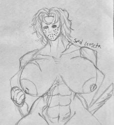 female flashing_breasts friday_the_13th hockey_mask horror_(theme) huge_breasts jason_voorhees machete messy_hair rule_63 sm0ls_c0ck smol_gogeta toned_female traditional_media
