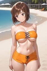 1girl ai-created ai_generated arms_at_sides ass_visible_through_thighs bandeau bare_arms bare_shoulders beach beach_chair beach_umbrella bikini bikini_shorts blush breasts brown_eyes brown_hair cleavage closed_mouth collarbone cowboy_shot cross-laced_clothes day devilman eyepatch_bikini female large_breasts looking_to_the_side miki_makimura navel ocean orange_bikini orange_shorts outdoors palm_tree pixiv rena_aikawa_(pixiv_user) sand shore short_hair short_shorts shorts smile solo stable_diffusion standing stomach strapless strapless_bikini swimsuit thighs tree umbrella underboob water