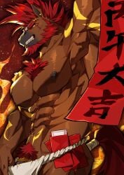 2026 abs accessory alvintanubis anthro areola arm_tattoo asian_clothing banknote banner barazoku beard brown_areola brown_body brown_fur brown_nipples chest_tuft chinese_text chinese_zodiac clothing cock_ring ear_piercing ear_ring east_asian_clothing equid equine eye_scar eyebrow_piercing eyebrow_ring eyebrow_slit eyebrows facial_hair facial_piercing facial_scar fire fundoshi fur genitals hair hi_res holding_banner horse japanese_clothing jewelry li_geduld lunar_new_year male mammal money muscular muscular_anthro muscular_male nipples obliques pecs penis penis_accessory penis_base penis_jewelry piercing red_background red_envelope red_eyes red_hair red_tail ring_piercing scar shoulder_tattoo simple_background solo tail tattoo text tuft underwear white_clothing white_fundoshi white_underwear xavier_(alvintanubis) year_of_the_horse yellow_tattoo