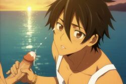1boy 1boy1girl 1girls ai_generated bracelet breasts cum day dress ejaculation erection female handjob highschool_of_the_dead jewelry lips looking_at_viewer male ocean outdoors parted_lips penis pov projectile_cum solo_focus straight tagme takashi_komuro veins video water