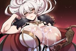 areolae asmoday_(genshin_impact) cum cum_on_breasts gigantic_breasts golden_eyes golden_necklace, himegens huge_breasts massive_breasts red_background white_hair