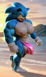 5_fingers 5_toes ai_art ai_generated ai_video balls_peek bare_feet barefoot beach beach_background blue_fur dangling_balls dangling_penis dangling_testicles flexing_arms flexing_bicep hard_nipples hedgehog_tail hyper hyper_balls hyper_genitalia hyper_muscles hyper_pecs hyper_penis large_feet male movie_sonic ocean_background pink_thong skimpy_swimwear skimpy_thong solo_male sonic_the_hedgehog sonic_the_hedgehog_(series) strutting tagme tropical_background video
