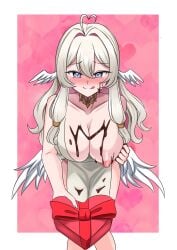 1girls 2d 2d_(artwork) angel areolae big_breasts blush breasts chocolate female front_view heart-shaped_pupils huge_breasts indie_virtual_youtuber large_breasts light-skinned_female light_skin long_hair navel nipples pillow pink_nipples present valentine's_day virtual_youtuber vtuber vtuberfanart white_hair