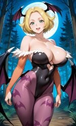 ai_generated bat_wings bianca_(pokemon) blonde_hair breasts bridal_gauntlets capcom crossover darkstalkers female green_eyes huge_breasts leotard morrigan_aensland morrigan_aensland_(cosplay) pantyhose pixai pokemon pokemon_bw short_hair solo tagme wings
