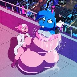 absurd_res anthro balls big_balls big_penis black_body black_fur blue_body blue_fur city cock_vore collar dirtymac domestic_pig fur fur_coat genitals green_hair hair hi_res huge_balls huge_cock hyper hyper_balls hyper_genitalia hyper_penis lagomorph leporid male mammal penile penis pink_body pink_hair rabbit spiked_collar spikes suid suine sus_(pig) vore