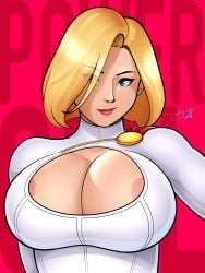 1girls alternate_version_available applespicex areola_slip areolae big_breasts blonde_hair blue_eyes breast_focus breasts cape cleavage dc dc_comics eye_visible_through_hair female female_only hair hair_over_one_eye huge_breasts leotard lips power_girl red_background short_hair smile solo solo_female superheroine upper_body upper_body_focus white_leotard