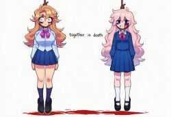 ai ai_art ai_generated blood bloody cloud_(friday_night_funkin) dark eroguro fnf friday_night_funkin friday_night_funkin_mod gore guro hanging horror lesbian_suicide novelai senpai_(friday_night_funkin) snuff suicide text