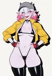 ai_generated briar_(league_of_legends) caps choker earrings female horns jacket latex_bikini latex_clothing latex_thighhighs league_of_legends prussia123 punk sexy_body sexy_female white_background