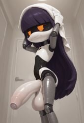 ai_assisted ai_generated bathroom doll_(murder_drones) edit flaccid flat_chest foreskin futanari huge_balls huge_cock murder_drones naked no_nipples nude orange_eyes purple_hair robot robot_girl sagging_balls skinny solo towel white_skin