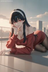 1girl ai_generated bangs bare_shoulders black_hair black_legwear breasts cleavage collarbone day earrings elbow_rest hairband hi_res high_quality high_resolution indoors jewelry large_breasts long_hair looking_at_viewer lying off_shoulder pantyhose patreon red_dress red_eyes seductive sexy smile solo spy_x_family uncensored watermark yor_forger