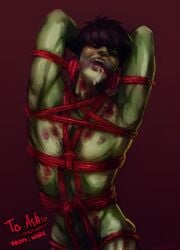 bondage bruised digital_painting_(artwork) drooling good_artwork gorillaz hands_behind_head kinky koresart murdoc_niccals solo_male very_good_artwork