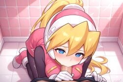 ai_generated bathroom blonde_hair blowjob blue_eyes ciel ciel_(mega_man) cute cute_girl female girl medium_breasts mega_man_x_dive mega_man_zero penis penis_in_mouth pink_skirt pink_vest pov sex sexy sexy_pose skirt vest
