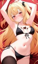 1girls ai_assisted ai_generated armpits bikini black_bikini blonde_hair breasts chocolate chroma_shift chromashift elf_ears elf_female elf_girl embarrassed female light-skinned_female light_skin long_hair looking_at_viewer navel petite pointy_ears red_eyes red_hair ruby_runeheart sexy small_breasts thighs valentine's_day virtual_youtuber vtuber