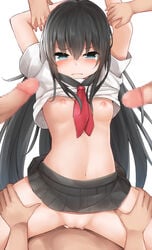 asashio_(kantai_collection) black_hair blue_eyes blush breasts censored clothing cowgirl_position female highres kantai_collection long_hair male mizushina_minato mosaic_censoring multiple_penises navel pen penetration penis pov pussy rape school_uniform serafuku small_breasts solo_focus spread_legs straddling tears vaginal_penetration white_background