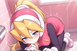 ai_generated bathroom blonde_hair blowjob blue_eyes ciel ciel_(mega_man) cute cute_girl excited female girl medium_breasts mega_man_x_dive mega_man_zero penis penis_in_mouth pink_skirt pink_vest pov sexy sexy_pose skirt vest