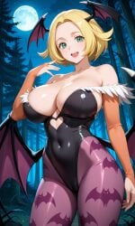 1girl ai_generated bat_wings bianca_(pokemon) blonde_hair breasts bridal_gauntlets capcom crossover darkstalkers green_eyes huge_breasts leotard morrigan_aensland morrigan_aensland_(cosplay) pantyhose pixai pokemon pokemon_bw short_hair solo tagme wings