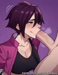 1female 1girls 2d 2d_(artwork) ai_generated big_breasts big_titties blowjob blowjob_face blowjob_only brown_eyes cleavage dispatch_(game) female high_resolution highres invisigal invisigal_(dispatch) large_breasts light-skinned_female light_skin navel navel_piercing patreon patreon_username purple_hair ryogangg septum_piercing septum_ring short_hair tomboy