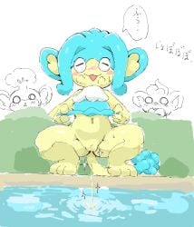 ambiguous_gender anthro behind_shrub being_watched blue_body blue_fur blush bodily_fluids bottomless breath closed_eyes clothed clothing clothing_lift dialogue dress dress_lift female fur generation_5_pokemon genital_fluids genitals group happy hi_res japanese_text looking_at_another looking_pleasured mammal nintendo no_underwear open_mouth open_smile outside pansage pansear peeing peeing_into_water plant pokemon pokemon_(species) primate relieved river shocked shrub simipour smile solo_focus sound_effects sparkles sweat text tokemaru trio urine urine_stream voyeur vulva