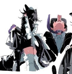 2boys all_fours animal_ears apron back_bow beluckylucky black_dress black_hair black_jacket blue_necktie blush bow cat_boy cat_ears cat_tail clothes_lift collar collared_shirt commentary_request crossdressing crossdressing_(mtf) danganronpa_(series) danganronpa_v3:_killing_harmony dress dress_lift ear_blush enmaided fellatio flipped_hair frilled_apron frills from_below highres holding holding_leash jacket leash maid maid_headdress male_focus male_maid medium_hair multiple_boys multiple_views necktie oma_kokichi oral out_of_frame penis pet_play shirt short_hair simple_background sweat tail thighhighs tongue tongue_out trap white_background white_thighhighs yaoi